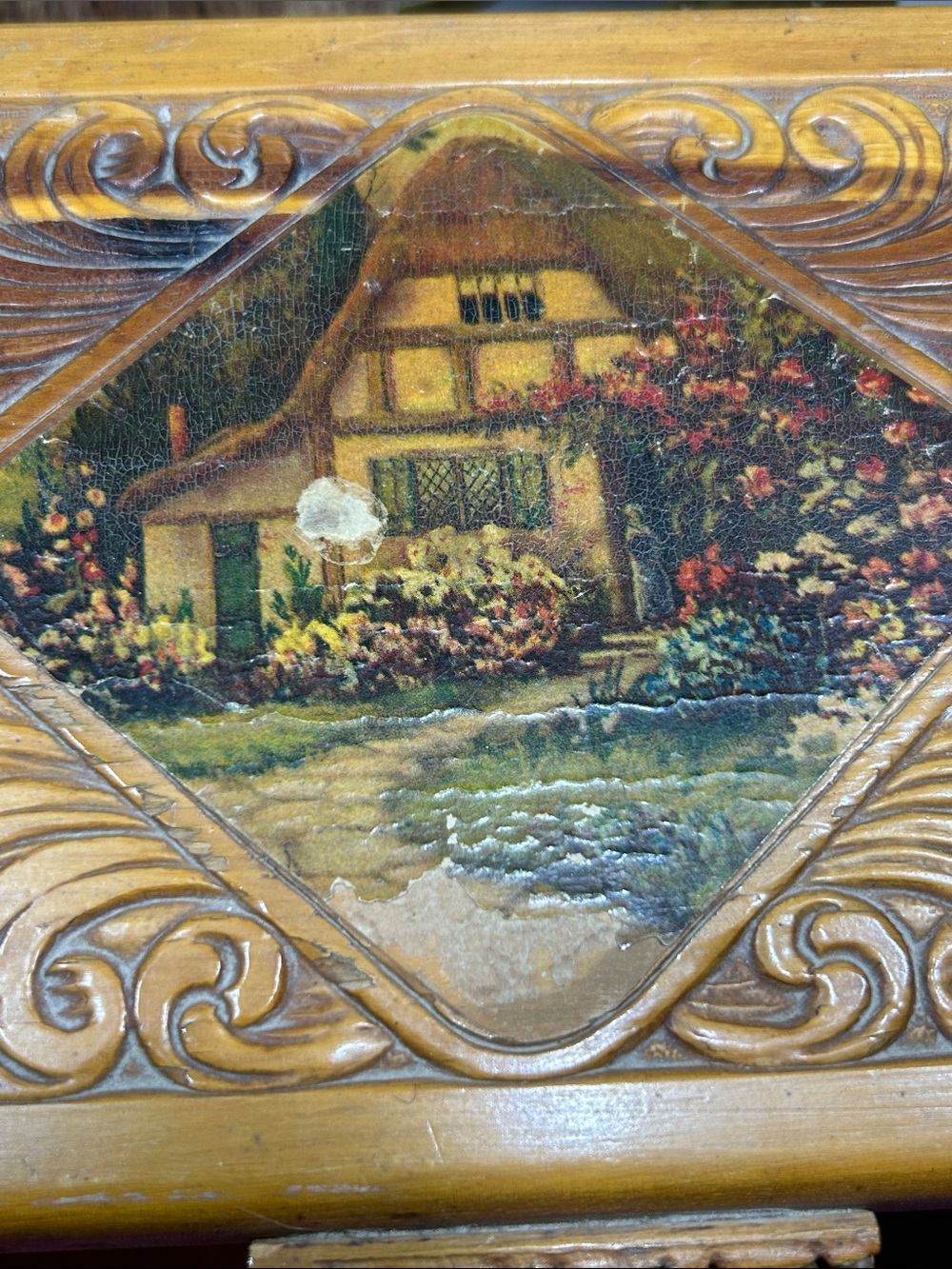 40's Vintage Wood Jewelry Trinket Box Litho Cottage Scene Carved Hinged Wooden - Picture 5 of 17